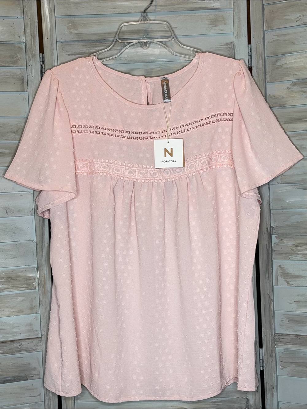 Noracora pink flutter short sleeve top crochet lace trim + textured dots NWT L